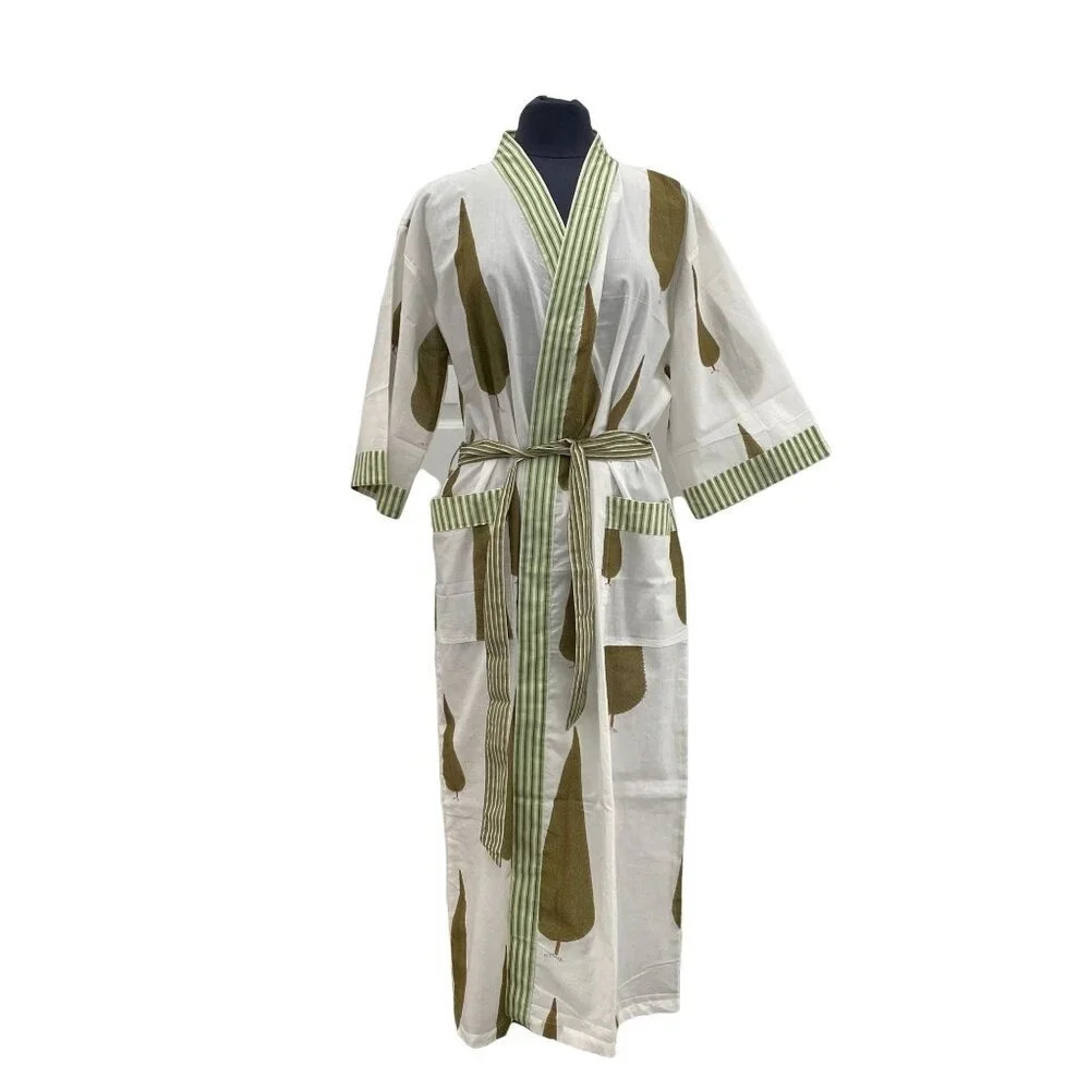 Cotton Block Printed Robe Green Cypress Tree Print